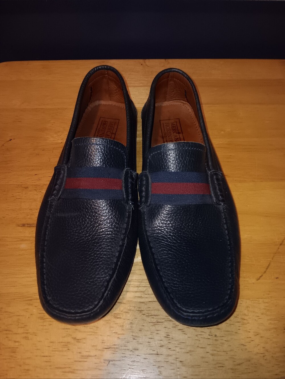 Mercanti Fiorentini Navy Leather Loafers with Red and Blue Stripe Size 8.5